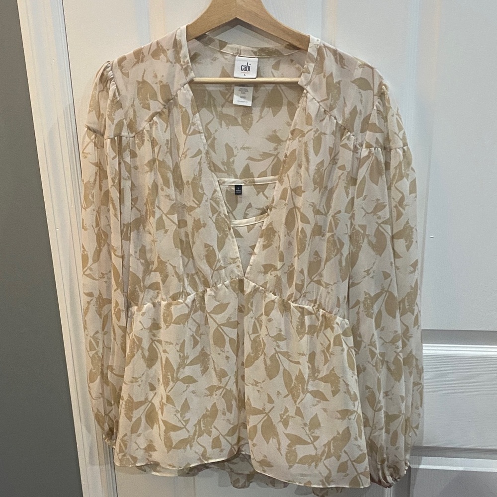CAbi Cream and Tan Leaf Print Blouse